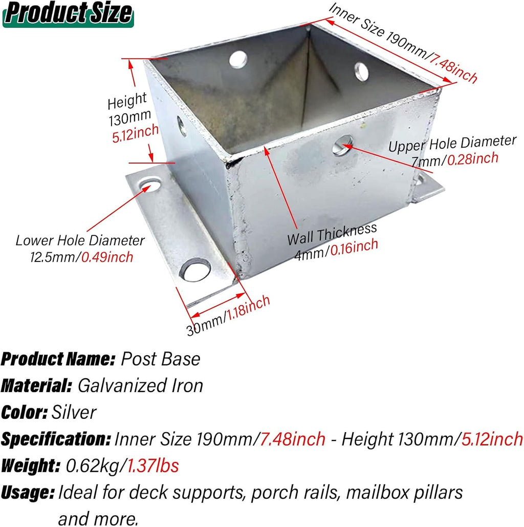 2 Pcs Heavy Duty Post Base Protectors, Wood Fence Support Brackets for Outdoor Pavilion, Deck Railing, Mailboxes, and Fence Posts (7.5x5.1in / 190x130mm)