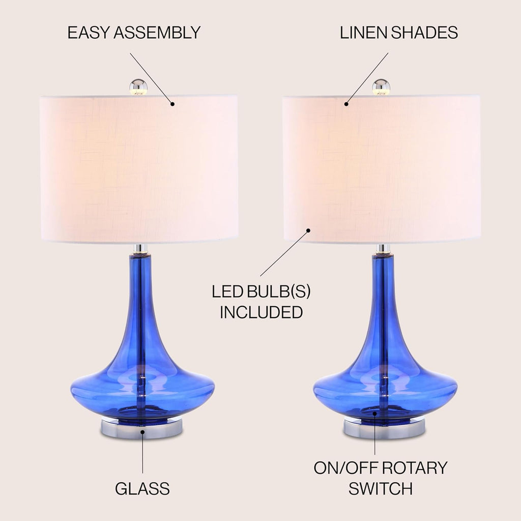 JONATHAN Y 25.5' Cobalt/Chrome Glass Teardrop Table Lamp Set of 2 for Bedroom, Modern Bedside Lamps for Living Room, White Linen Drum Shade, LED Bulbs Included (JYL1081D-SET2)