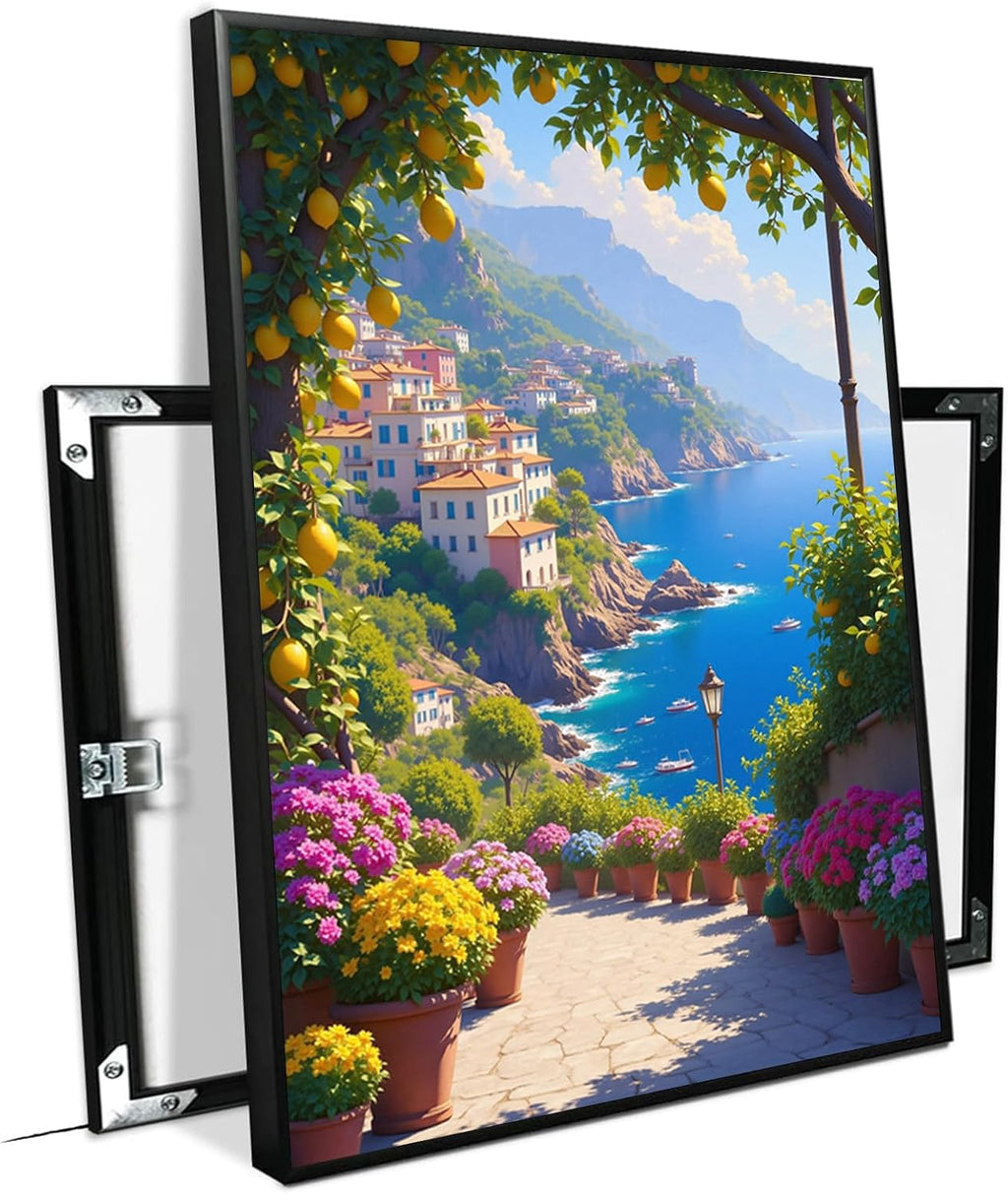 Italian Amalfi Coast Lemon Tree Garden Amalfi Coast Landscape | Metal Framed canvas, for event venues, mediterranean style, temporary venue decor, mediterranean theme styling