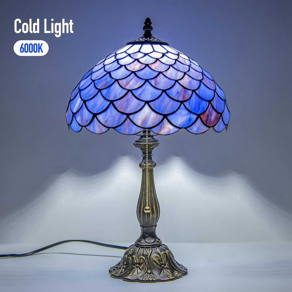 Tiffany Style Table Lamp Vintage Stained Glass Desk Lamp Deep Blue Purple Fish Scales Bedside Reading Light Decor Bedroom Living Room Home Office D12 xH18
