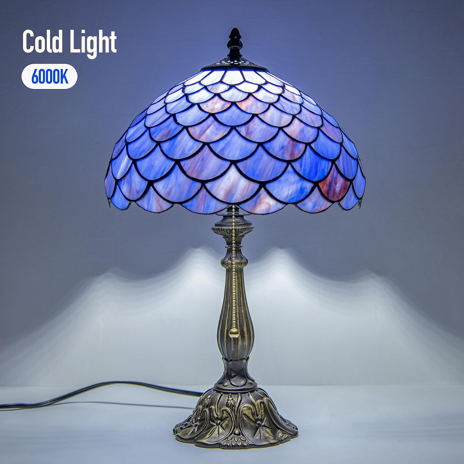 Tiffany Style Table Lamp Vintage Stained Glass Desk Lamp Deep Blue Purple Fish Scales Bedside Reading Light Decor Bedroom Living Room Home Office D12 xH18