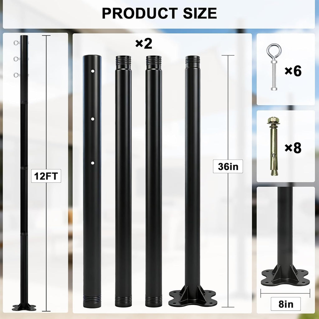 2 Pack 12 Ft Shade Sail Poles, Heavy Duty Metal Outdoor Support Post Kit, Rust-Resistant Shade Sail Support Poles, Adjustable Metal Sun Shade Poles for Patios, Courtyards, Backyards and Gardens