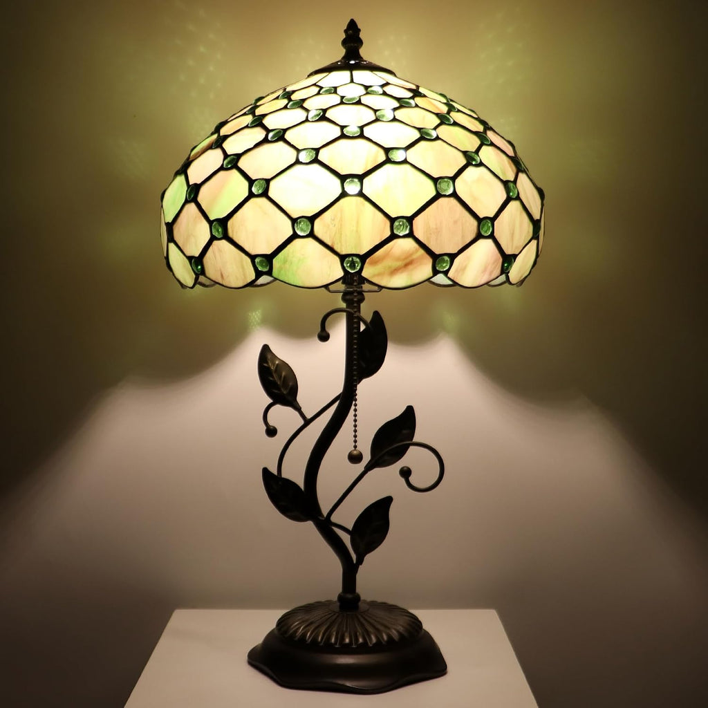 Tiffany Lamp Amber Green Pearl Style Stained Glass Table Lamp Desk Bedside Reading Light 12X12X19 Inches with Metal Leaf Base