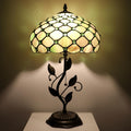 Tiffany Lamp Amber Green Pearl Style Stained Glass Table Lamp Desk Bedside Reading Light 12X12X19 Inches with Metal Leaf Base