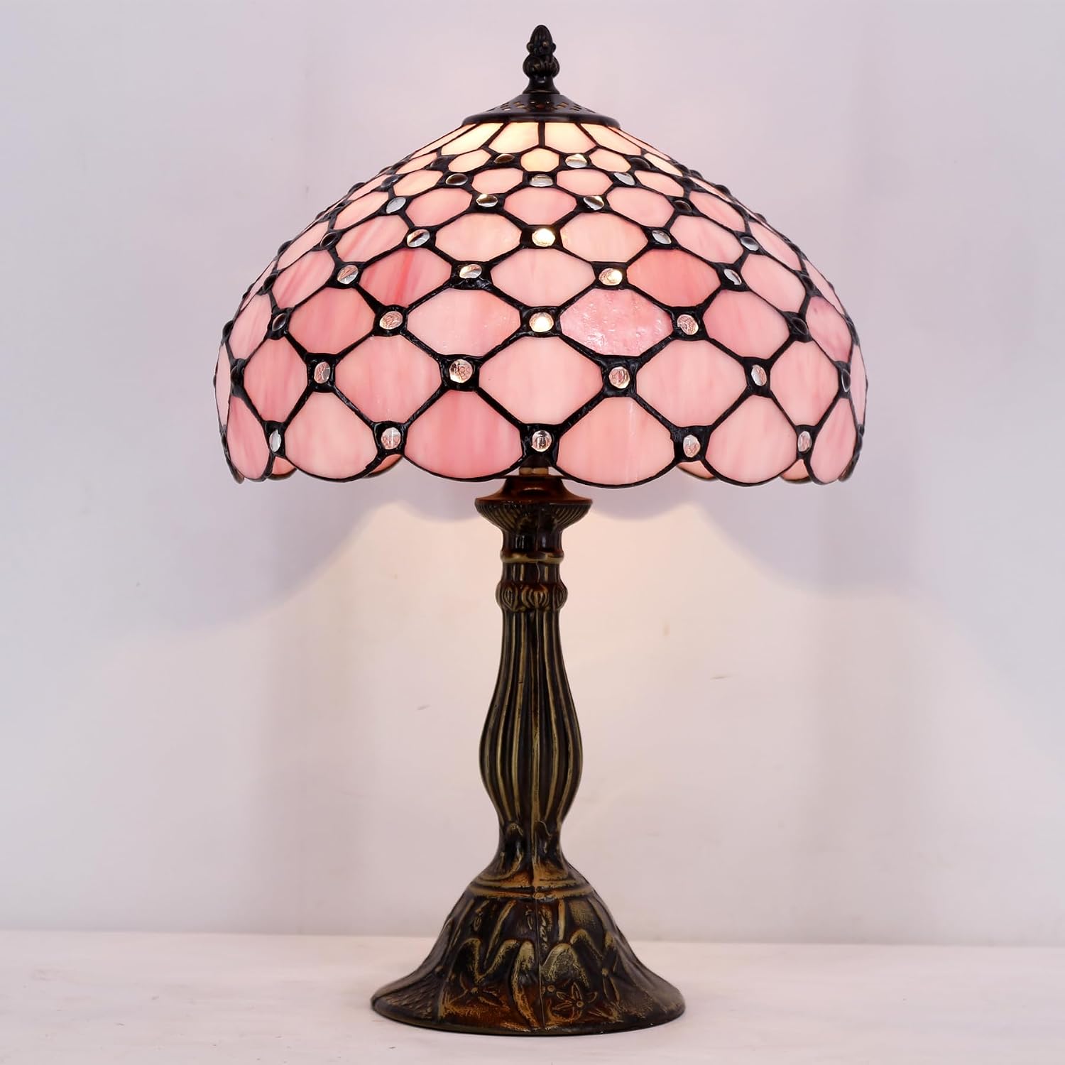 WERFACTORY Tiffany Lamp Pink Stained Glass Bead Table Lamp Desk Bedside Reading Light 12X12X18 Inches Deco Bedroom Living Room Home Office S005P Series