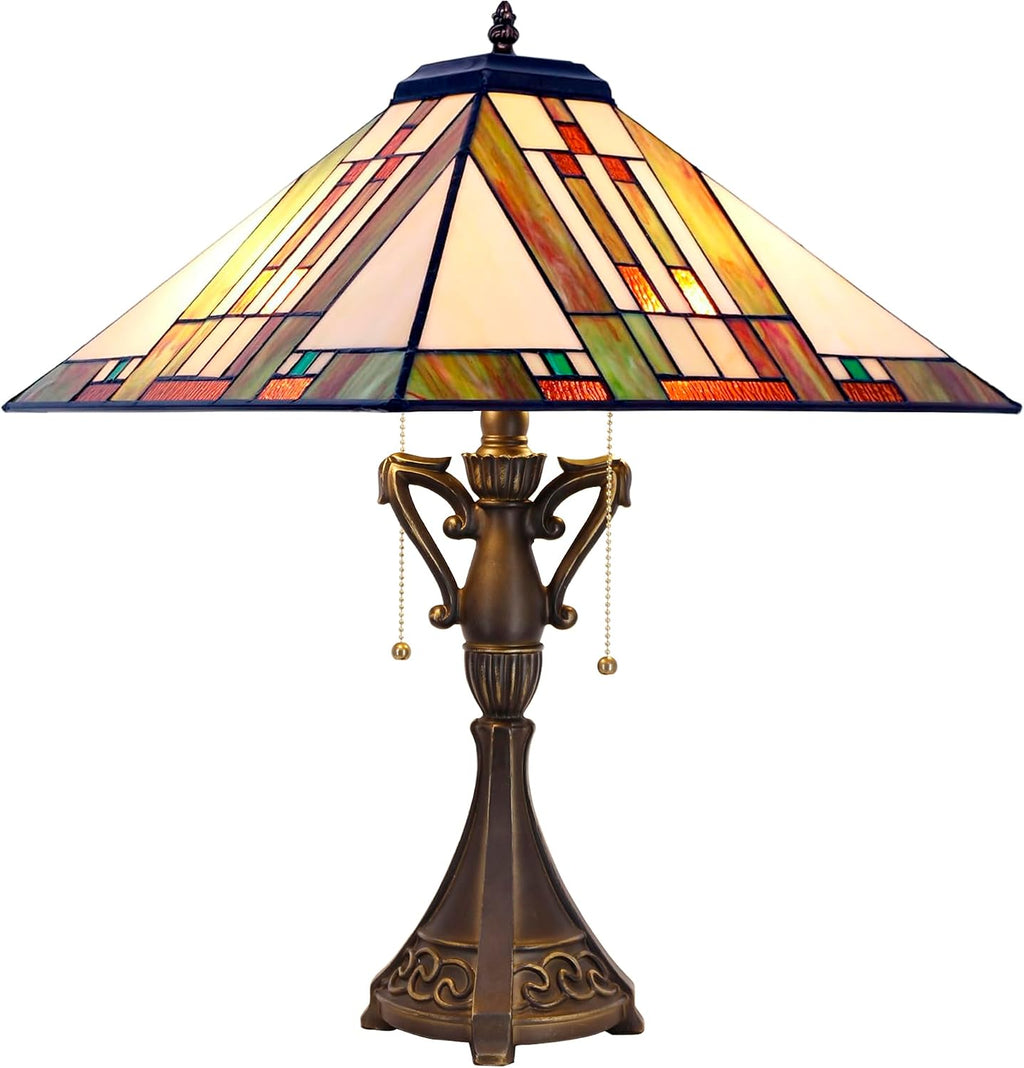 Tiffany Table Lamp Stained Glass Blue White Brown Square Mission Style Desk Reading Light 16X16X24 Inch for Bedroom Living Room Home Office
