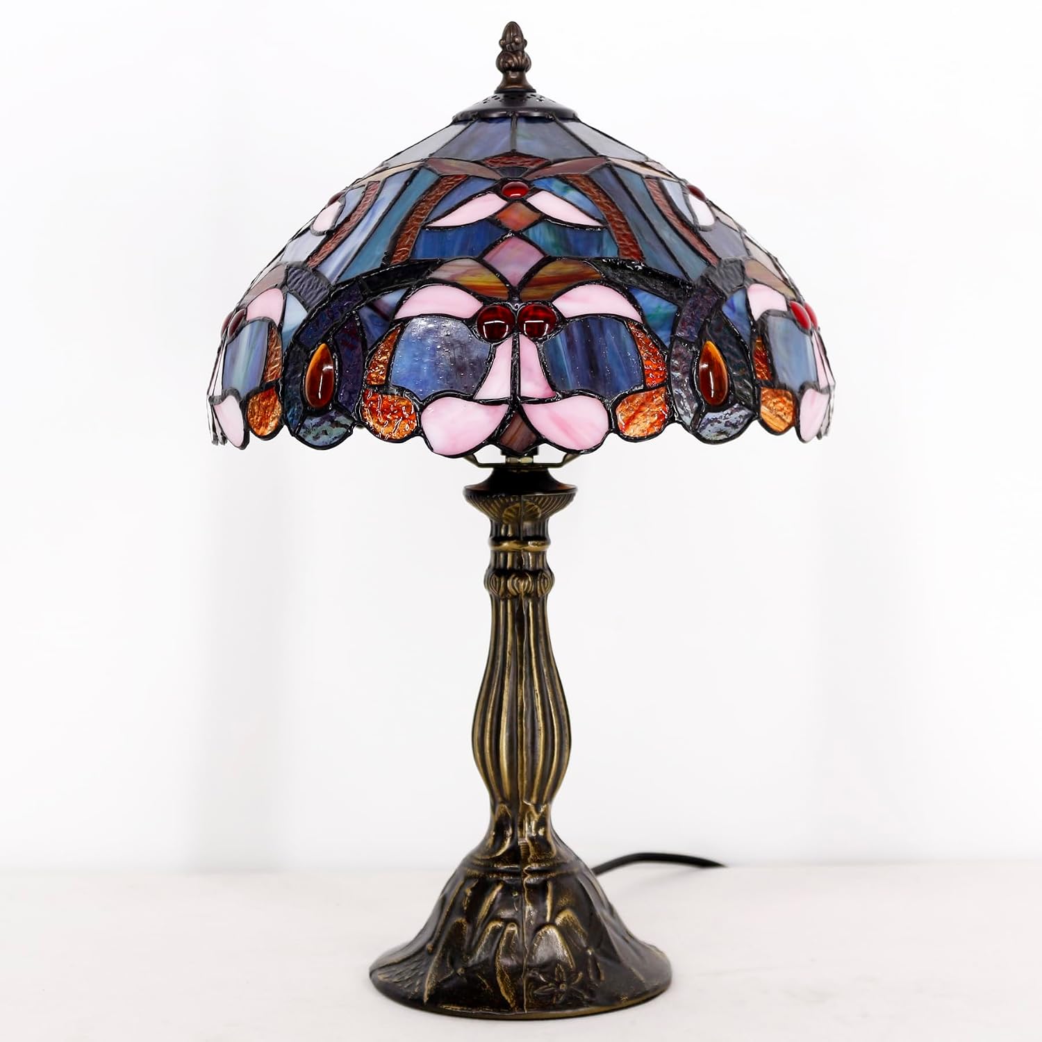 WERFACTORY Tiffany Lamp Blue Pink Stained Glass Table Lamp Reading Light 12X12X18 Inches Decor Bedroom Living Room Home Office S830B Series