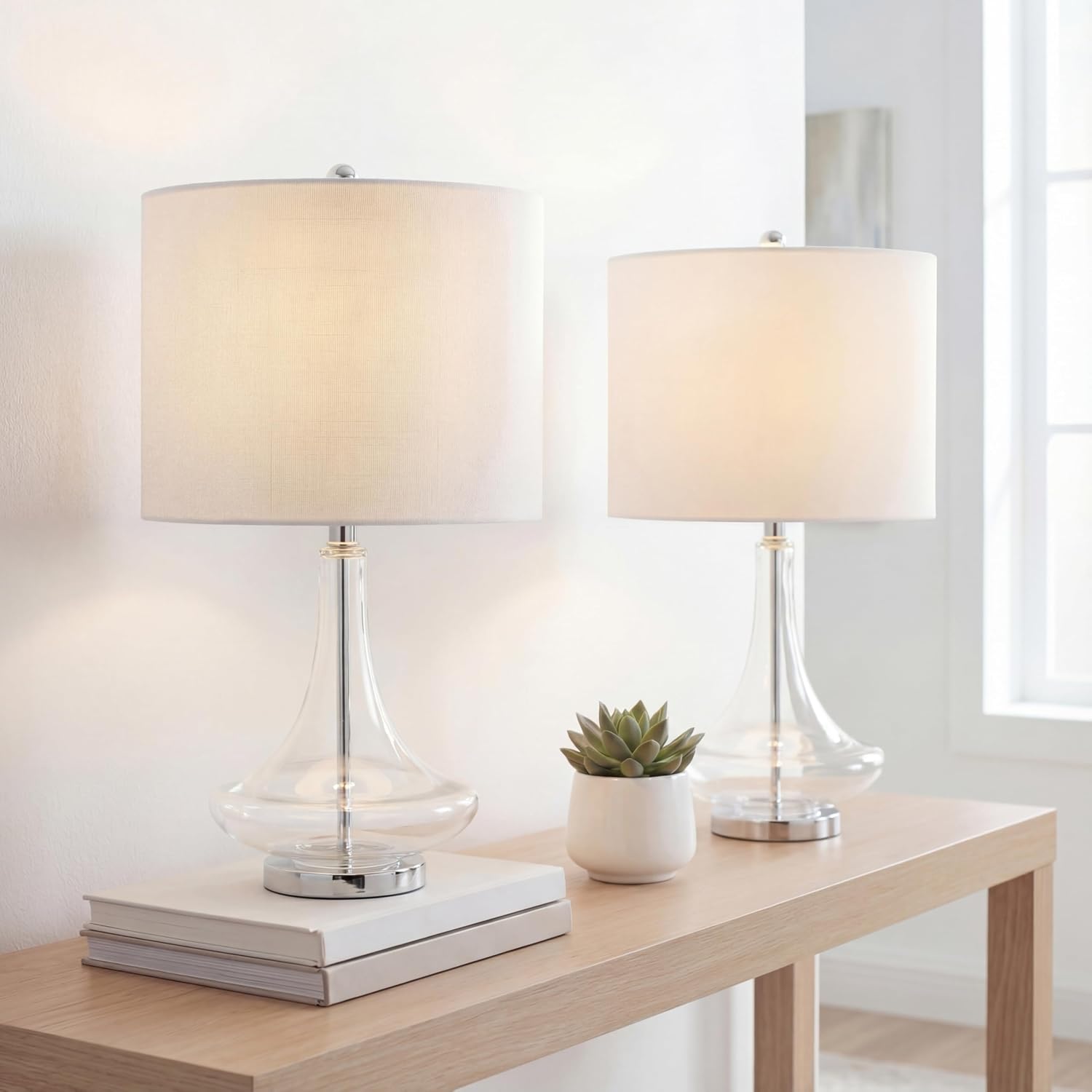 JONATHAN Y 25.5' Clear/Chrome Glass Teardrop Table Lamp Set of 2 for Bedroom, Modern Bedside Lamps for Living Room, White Linen Drum Shade, LED Bulbs Included (JYL1081C-SET2)