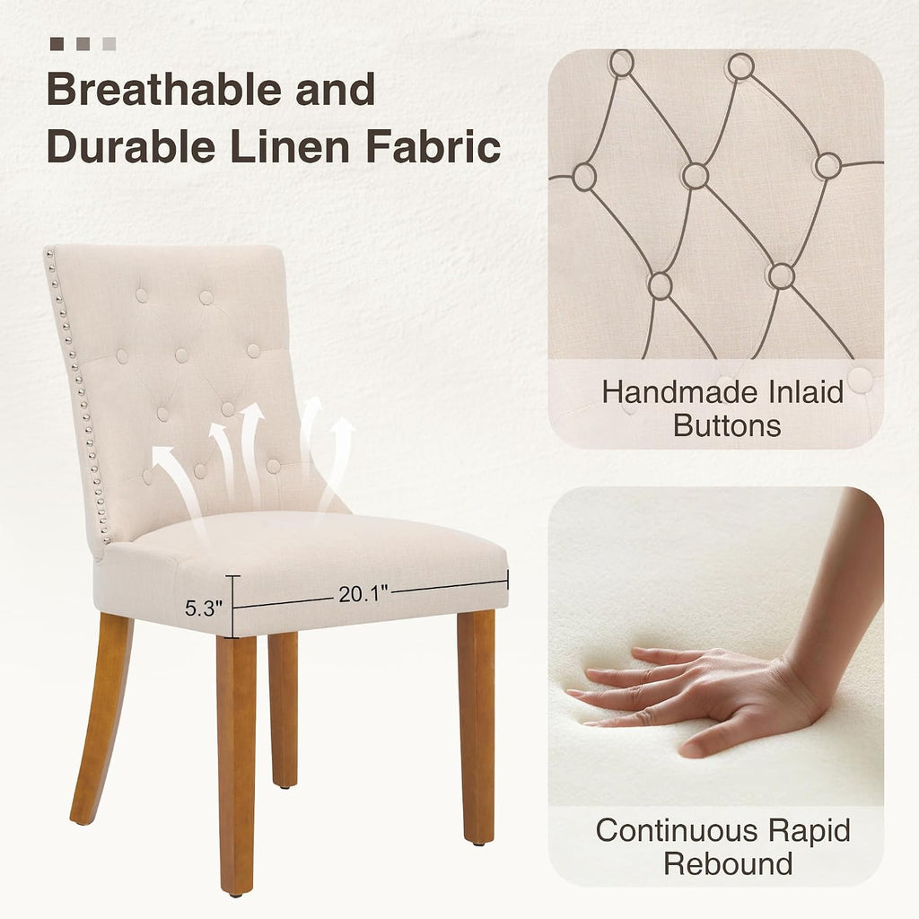adochr Dining Chairs Set of 4, Modern Mid Century Kitchen Chairs with Wooden Legs & Linen Fabric Back, Dining Room Chairs with Pull Rings & Nailhead Trim, Beige