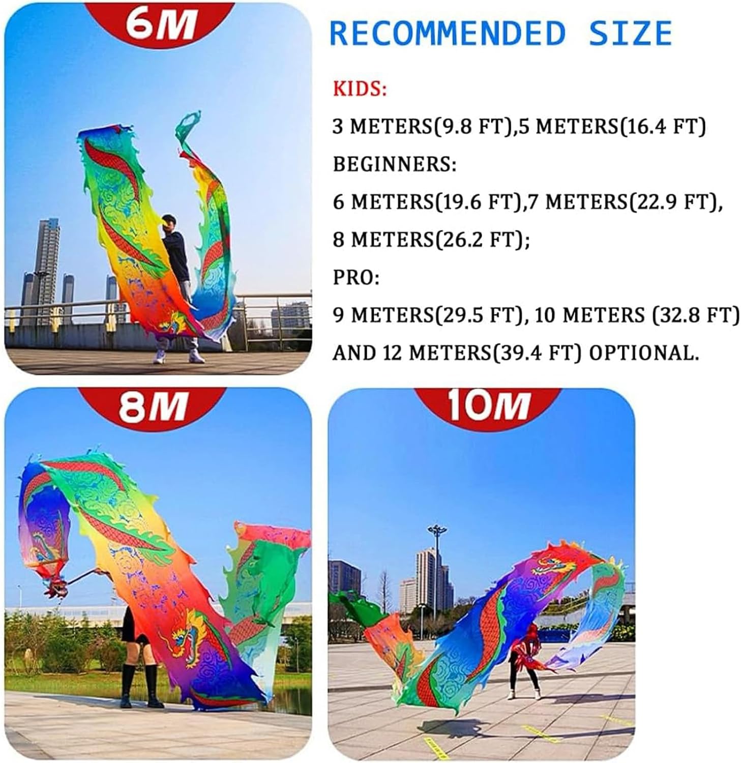 OVARIA Dragon Dance Fitness Ribbon 3D Dragon Head and Swing Rope Combo Chinese Wulong Flowy Ribbon Streamer Outdoor Fitness Dragon Stage Prop Set(Red,33ft)