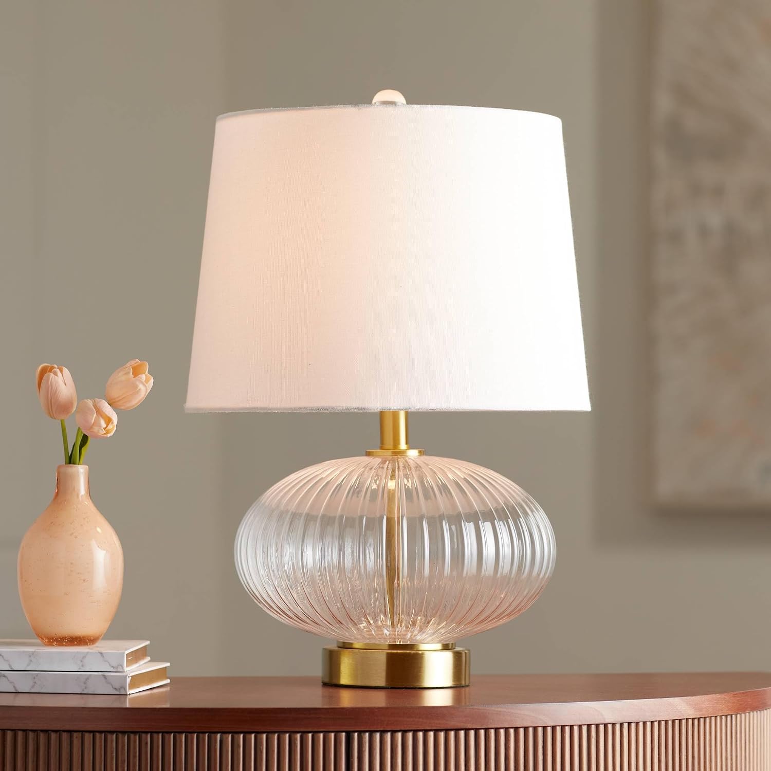 360 Lighting Darrah 20' High Small Mid Century Modern Accent Table Lamp USB Port Clear Glass Gold Brass Finish Single Off-White Shade Living Room Charging Bedroom Bedside Nightstand House Office