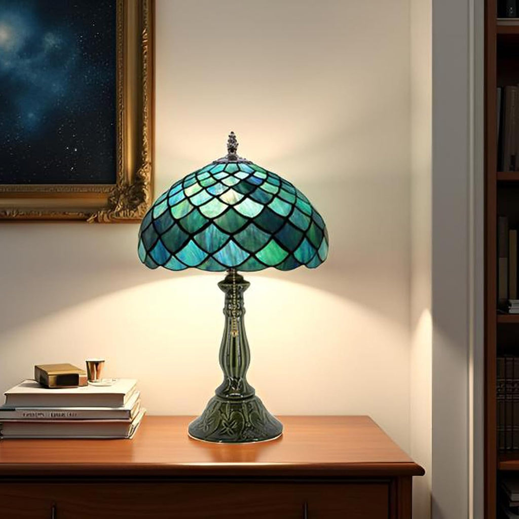 Tiffany Lamp Stained Glass Table Lamps Sea Blue Fish Scales Style Desk Lamp12X12X18.5 Inch Bronze Ceramic Base Reading Light Suitable for Bedside Bedroom Living Room Dining Room Office
