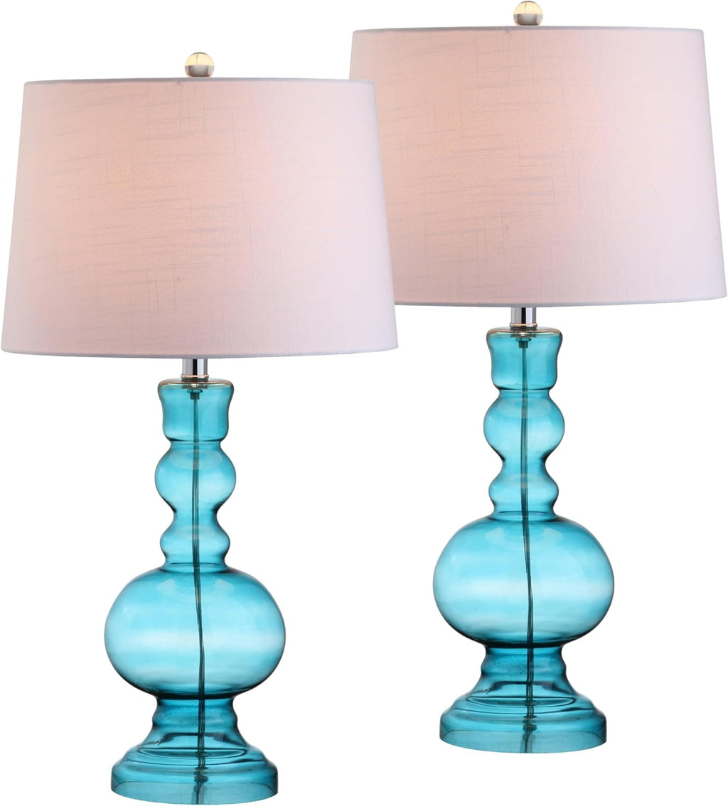 JONATHAN Y 28.5' Blue Glass Table Lamp Set of 2 for Living Room Bedroom Decor, Modern Bedside Lamps with White Linen Shade, LED Bulbs Included JYL1061A-SET2