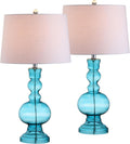 JONATHAN Y 28.5' Blue Glass Table Lamp Set of 2 for Living Room Bedroom Decor, Modern Bedside Lamps with White Linen Shade, LED Bulbs Included JYL1061A-SET2