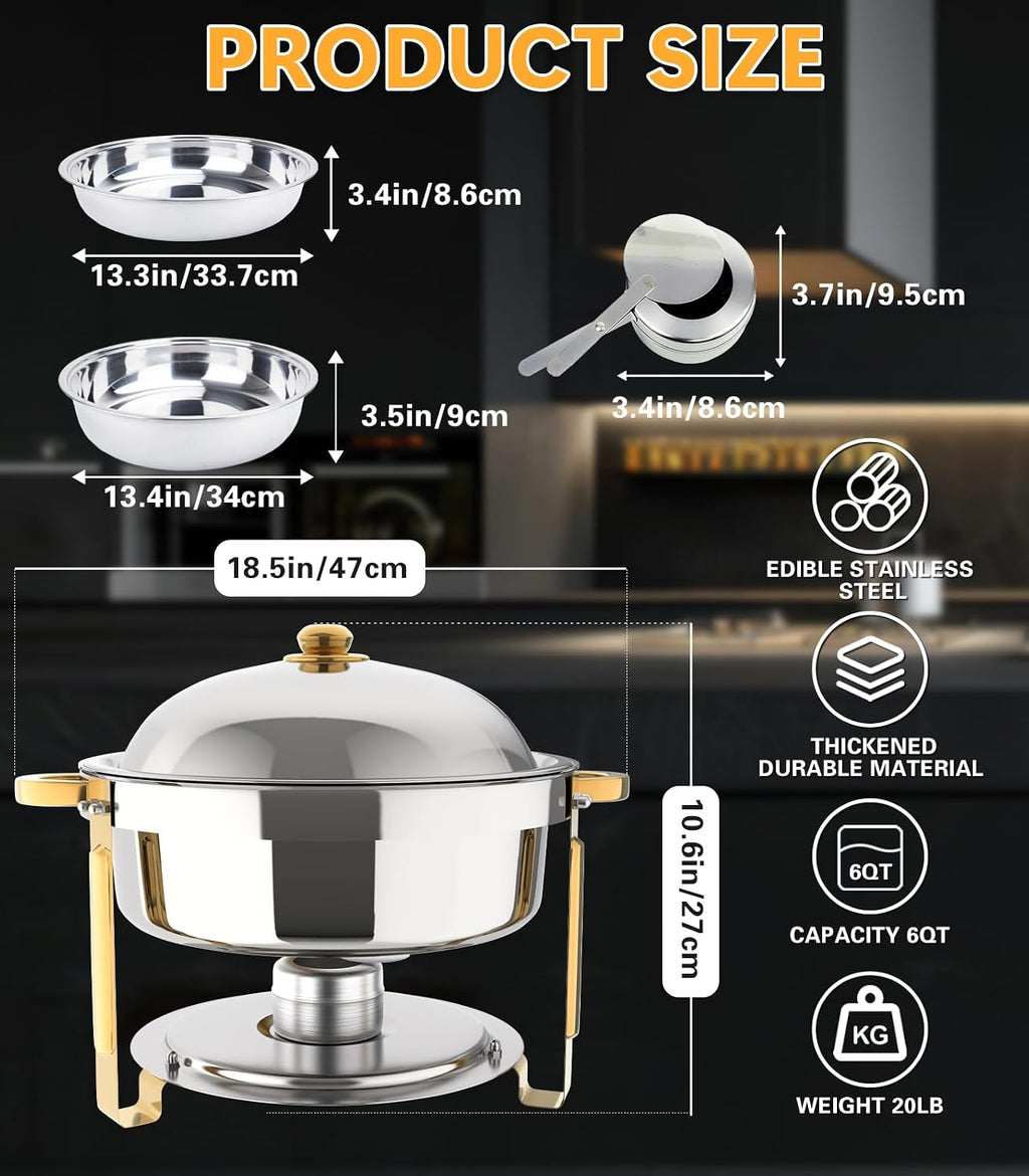 Beviliu 6QT Chafing Dishes for Buffet, 6 Pack 6QT Round Stainless Steel Chafing Dish Set for Home Parties, Christmas Gatherings, Food Warmers for Parties Buffet, Catering Supplies Buffet Display
