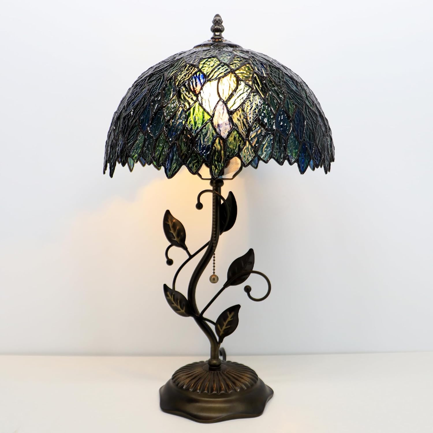 Tiffany Lamp Multicolor Leafage Style Stained Glass Table Lamp Desk Bedside Reading Light 12X12X19 Inches with Metal Leaf Base