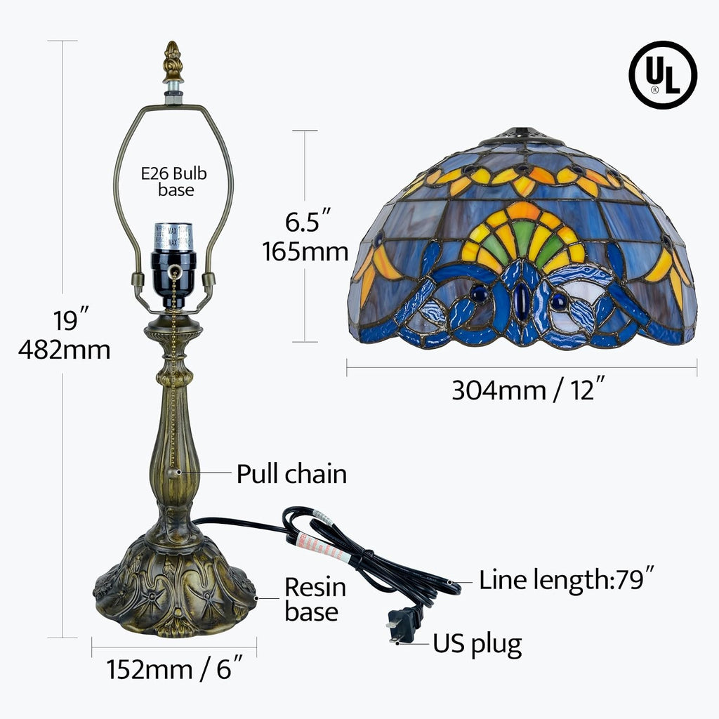 Tiffany Style Table Lamp, 12 Inch Stained Glass Bedside Lamp with Blue Baroque Design Vintage Handcrafted Nightstand Lamp for Reading Living Room Bedroom Office
