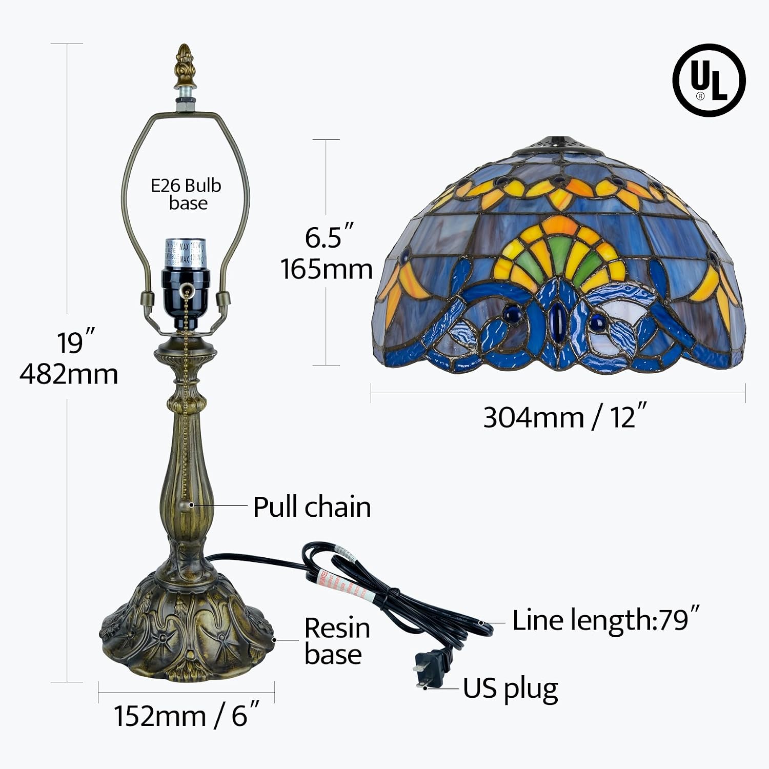 Tiffany Style Table Lamp, 12 Inch Stained Glass Bedside Lamp with Blue Baroque Design Vintage Handcrafted Nightstand Lamp for Reading Living Room Bedroom Office