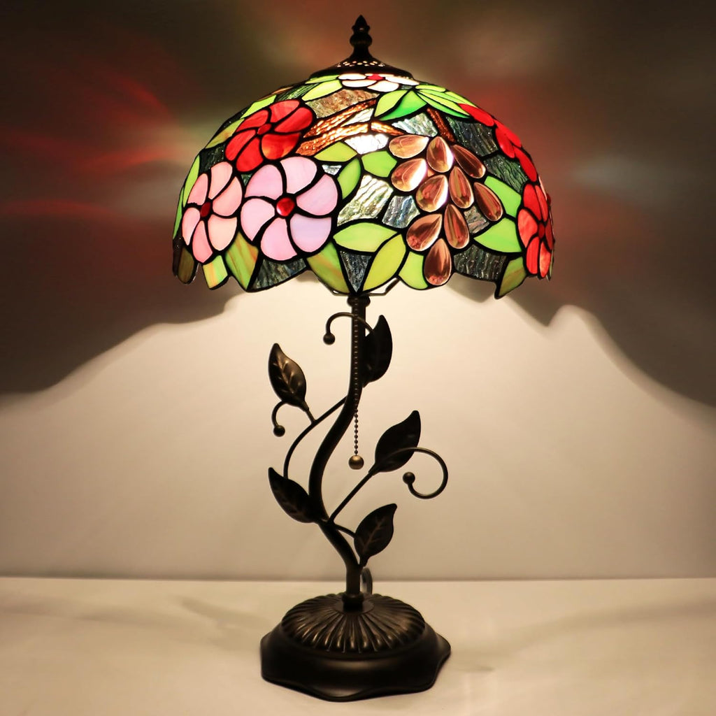 Tiffany Lamp Grape Style Stained Glass Table Lamp Desk Bedside Reading Light 12X12X19 Inches with Metal Leaf Base