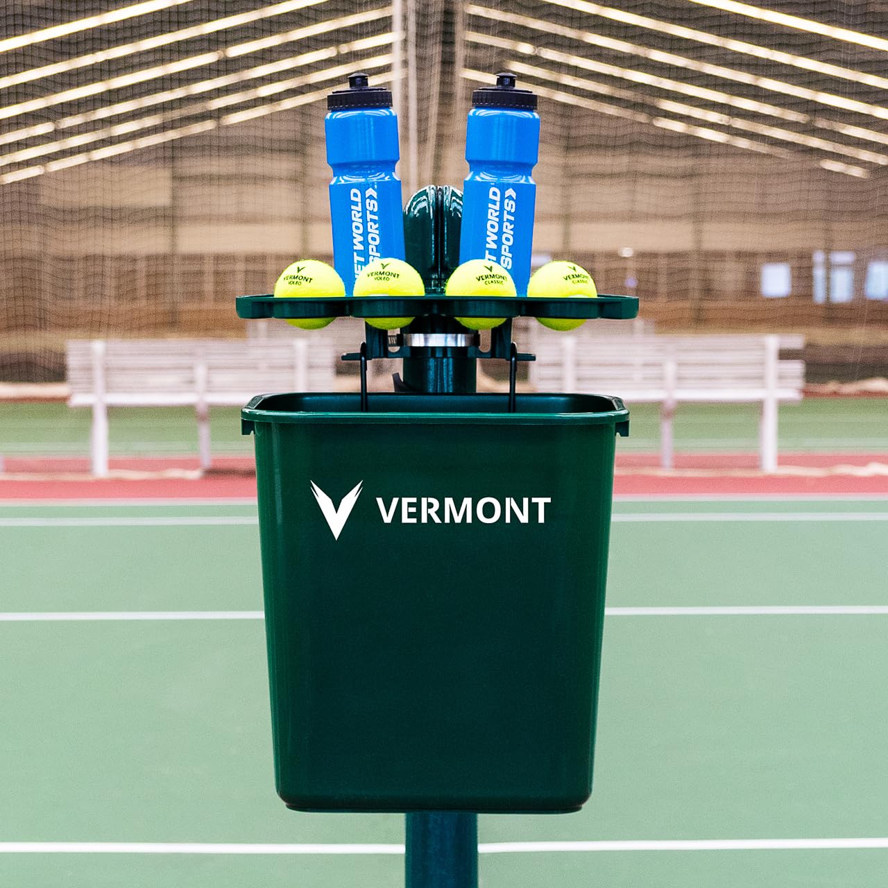 Vermont Tennis Court Trash Can & Shelf | Durable PVC with Aluminum Bracket