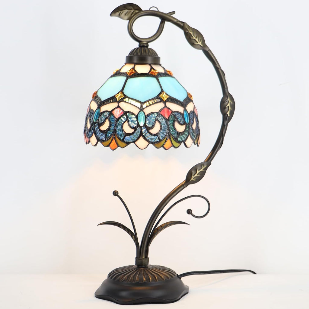 Tiffany Table Lamp, Stained Glass Desk Reading Light, 8X10X19 Inches, Metal Leaf Base (Sapphire Style)