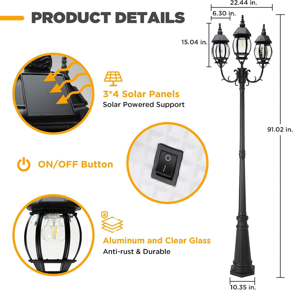 LUTEC Outdoor Solar Post Light with Triple-Head, Dusk to Dawn Lamp Post for Lawn Pathway Garden, Black Aluminium Vintage Street Light with Clear Glass Panels (Bulbs Included)