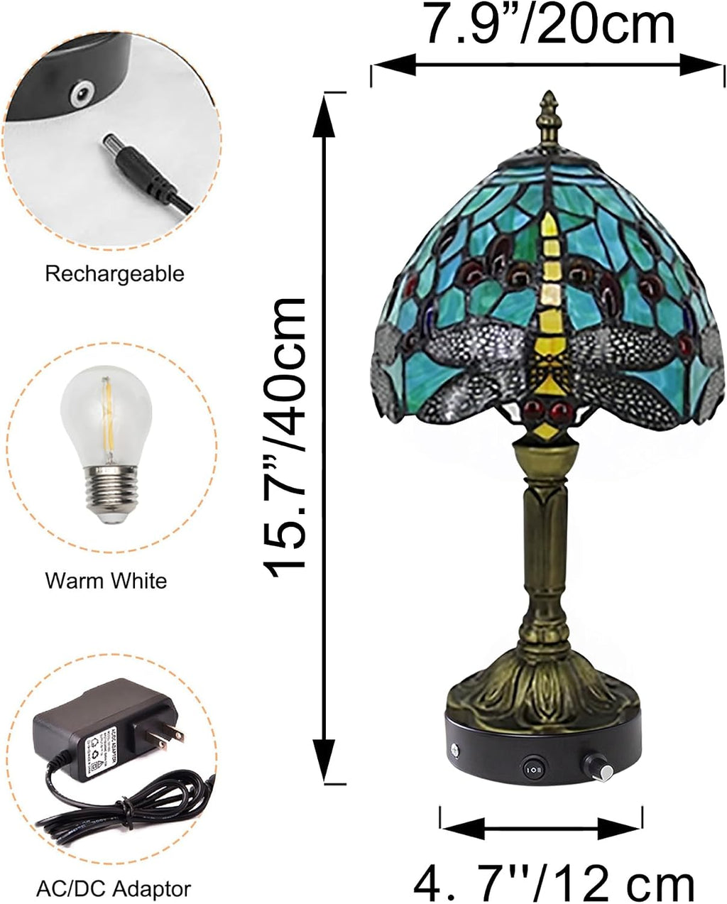Kiven Cordless Table Lamp,1-Light Dimmable Bedside Lamps for Nightstand with Glass Lampshade, Cordless Tiffany Lamp for Reading Home Decor Bedside TD0938