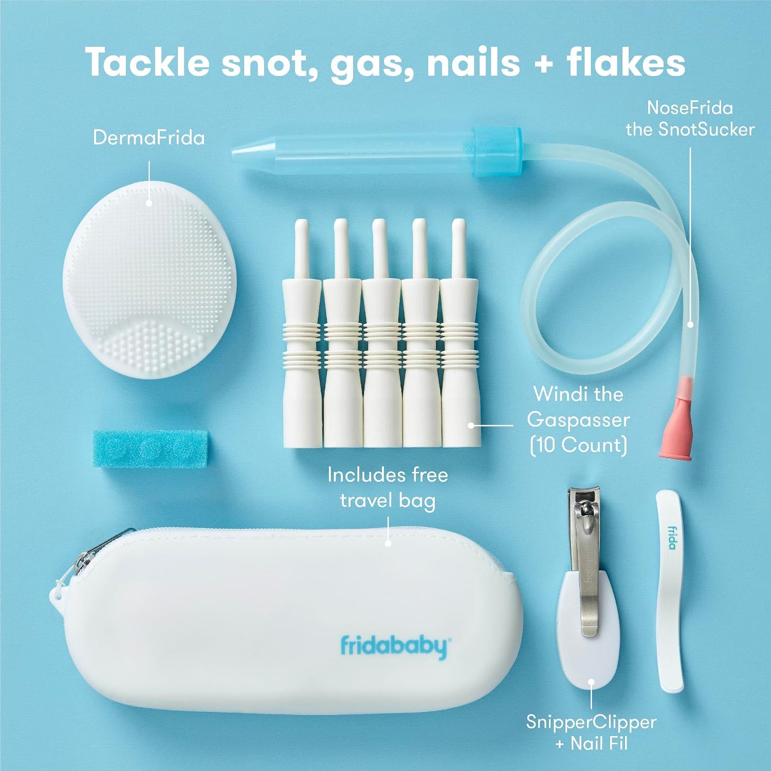 Frida Baby Basics Kit,6pc Baby Essentials Kit Includes Nasal Aspirator Snotsucker,NailFrida Nail Files,Windi Gas Relief,DermaFrida Bath Brush + Silicone Carry Case,(Pack of 8)