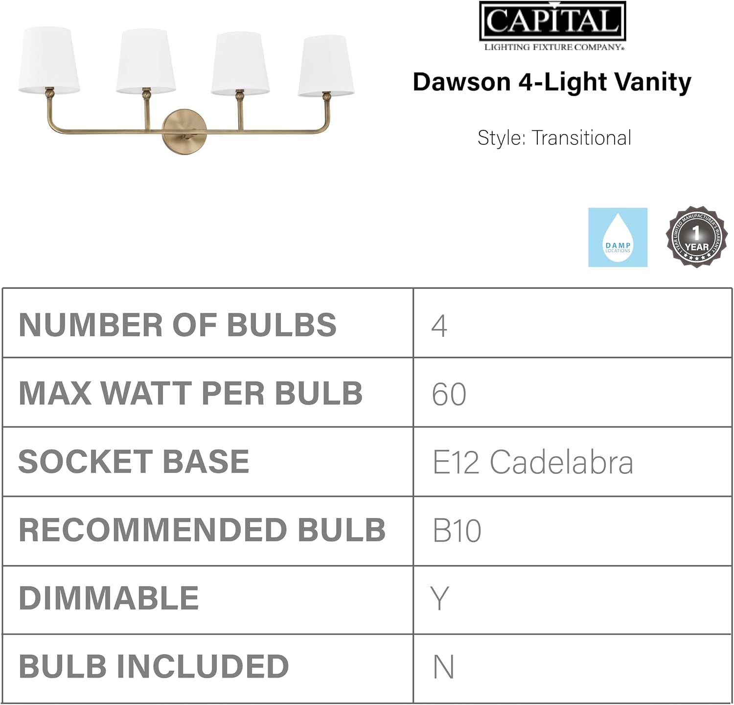 Capital Lighting 119341AD-674 Dawson Decorative White Fabric Stay-Straight Shade Bath Vanity Wall Mount, 4-Light 240 Total Watts, 12' H x 35' W, Aged Brass