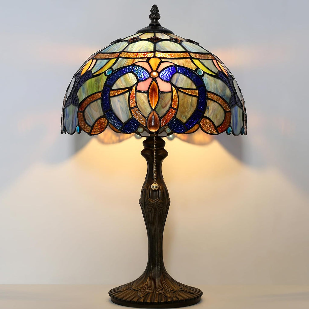 Tiffany Lamp Stained Glass Table Lamp 12' x 19' Blue Baroque Style Decorative Lamp Bedside Reading Lamp for Desk Living Room Bedroom Office Study Light Home Decor Gift