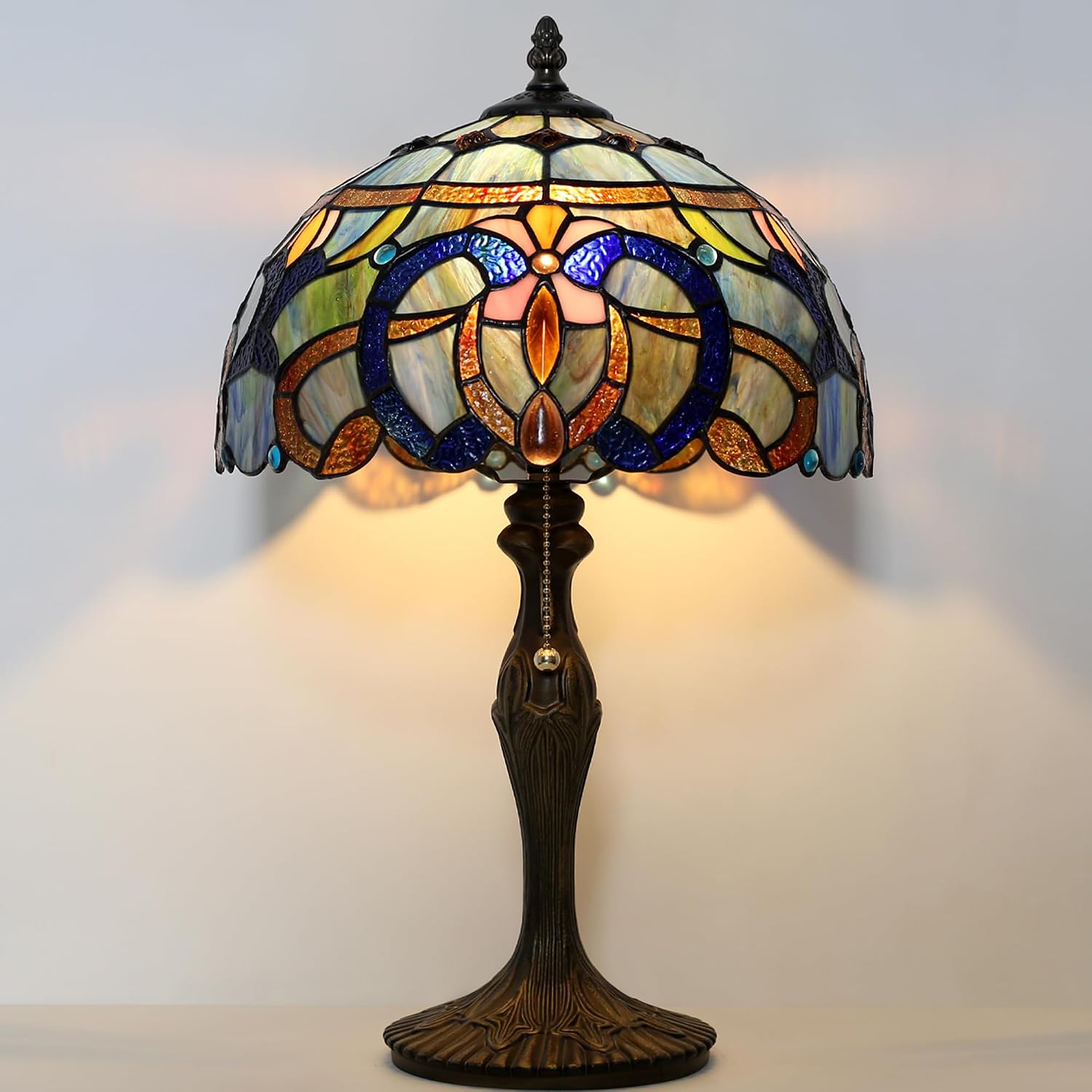 Tiffany Lamp Stained Glass Table Lamp 12' x 19' Blue Baroque Style Decorative Lamp Bedside Reading Lamp for Desk Living Room Bedroom Office Study Light Home Decor Gift