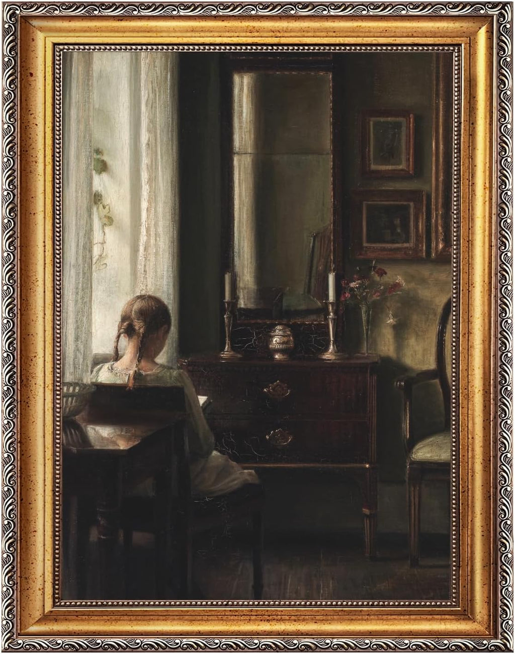 Large Framed Girl by Window Reading Book Canvas Wall Art Vintage European Feminine Booklish Oil Painting Poster Moody Musical Woman Artwork Print for Reading Nook Music Room Decor 24x36inch