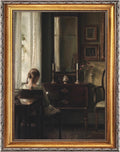 Large Framed Girl by Window Reading Book Canvas Wall Art Vintage European Feminine Booklish Oil Painting Poster Moody Musical Woman Artwork Print for Reading Nook Music Room Decor 24x36inch