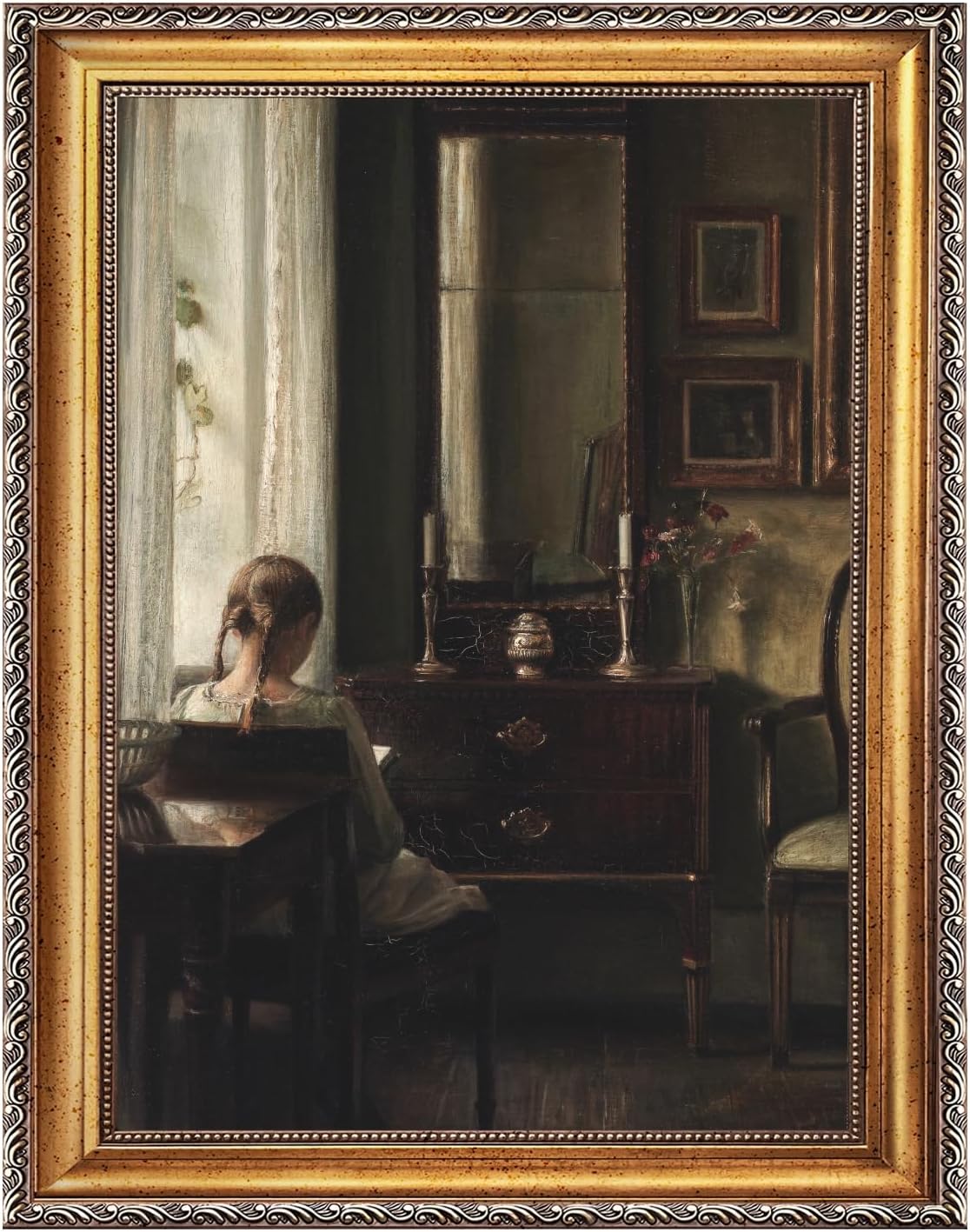 Large Framed Girl by Window Reading Book Canvas Wall Art Vintage European Feminine Booklish Oil Painting Poster Moody Musical Woman Artwork Print for Reading Nook Music Room Decor 24x36inch