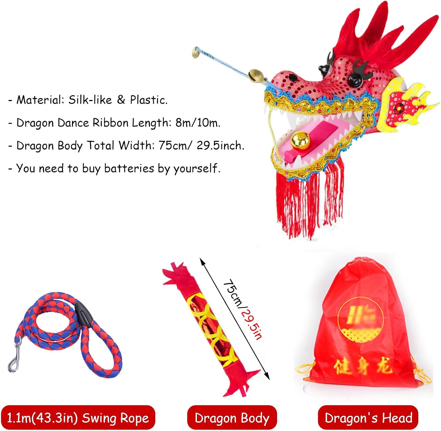 Green Dragon Ribbon with 3D Plastic Dragon Head, Dazzling Light Up Outdoor Dragon Dance Silk Poi for Garden, Park, Handheld Flowy Juggling Fitness Throw Streamer