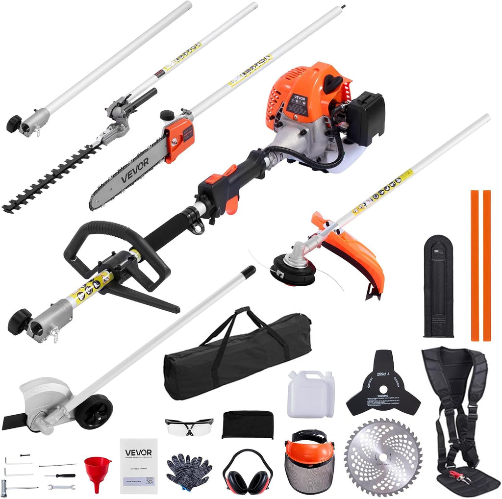 VEVOR Gas Hedge Trimmer, 2 Cycle Gas Power Handheld Trimmer, 7-in-1 26cc Weed Eater with Extension Pole & Protective Gear Set, Includes Hedge & String Trimmer, Brush Cutter(3T & 40T), Edger, Pole Saw