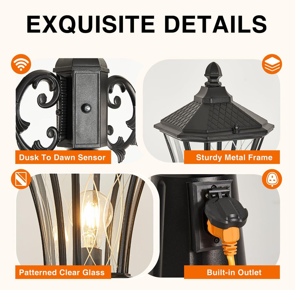 Dusk to Dawn Outdoor Lamp Post Lights with Outlet, Hardwired 2-Head Street Light Fixtures with Patterned Glass, Waterproof Outside Pole Lamps for Backyard, Garden, Driveway