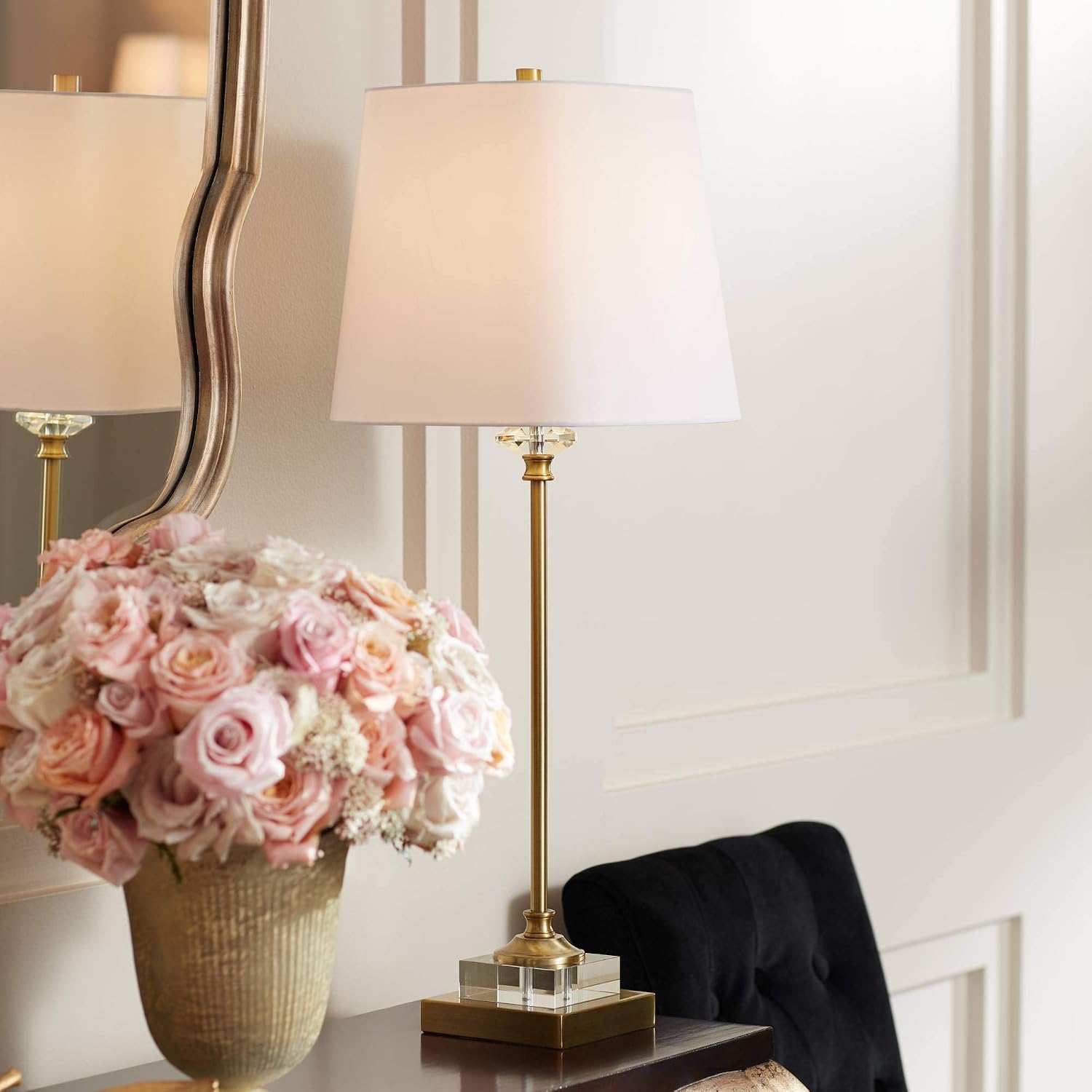 Regency Hill Julia Traditional Buffet Table Lamp 29 1/2' Tall Skinny Gold Column Clear Crystal Glass White Fabric Tapered Square Shade for Living Room Bedroom House Home Dining Family Entryway