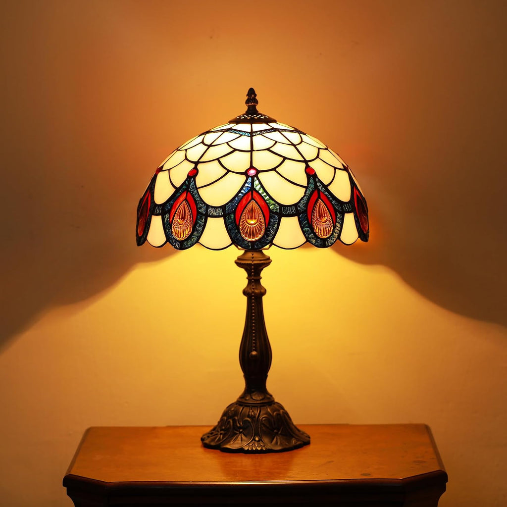 Tiffany Lamps Light Pink Peacock Tail Style Stained Glass Table Lamp Desk Bedside Reading Light 12X12X18.5 Inches with Bronze Resin Base Applicable to Bedroom Living Room Office