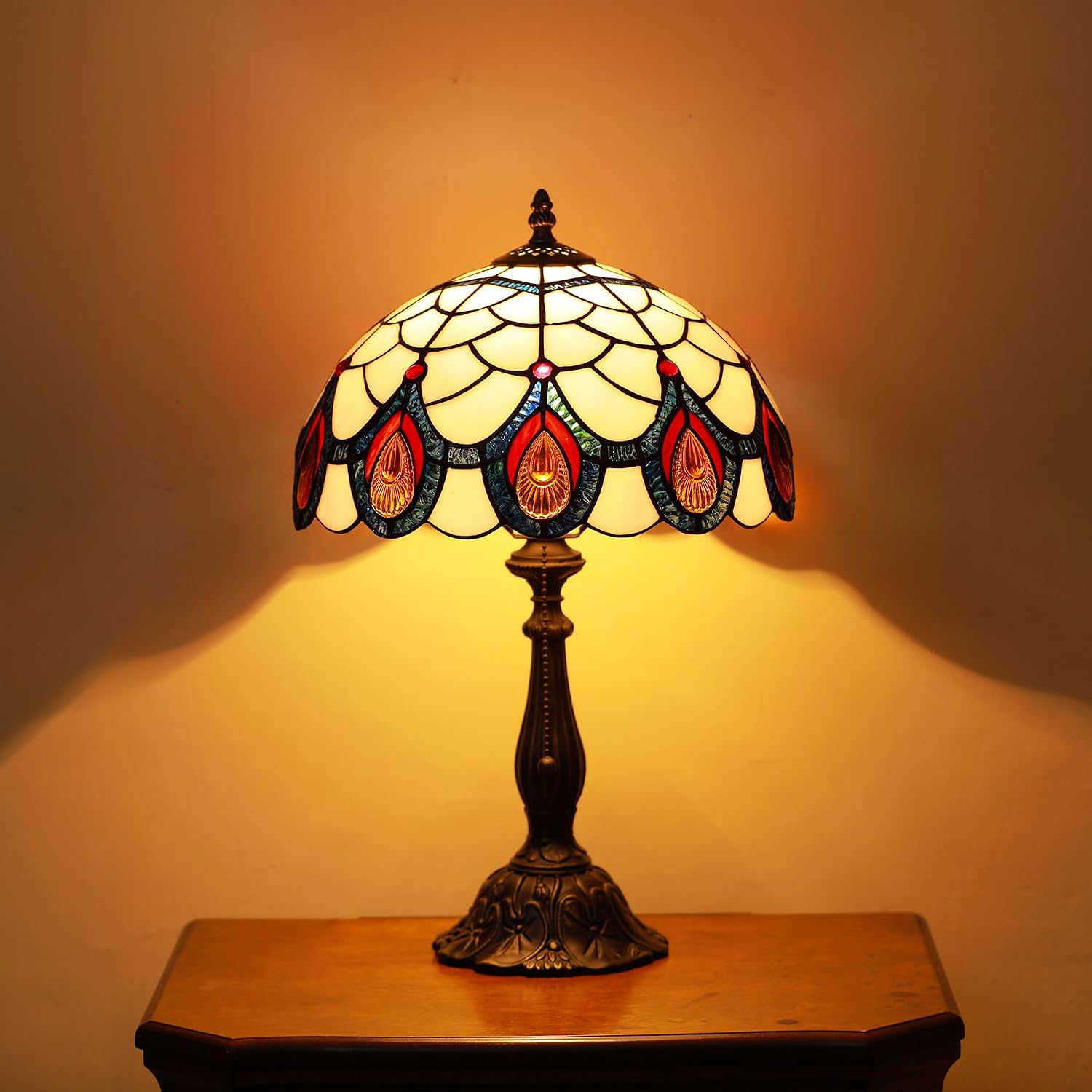 Tiffany Lamps Light Pink Peacock Tail Style Stained Glass Table Lamp Desk Bedside Reading Light 12X12X18.5 Inches with Bronze Resin Base Applicable to Bedroom Living Room Office