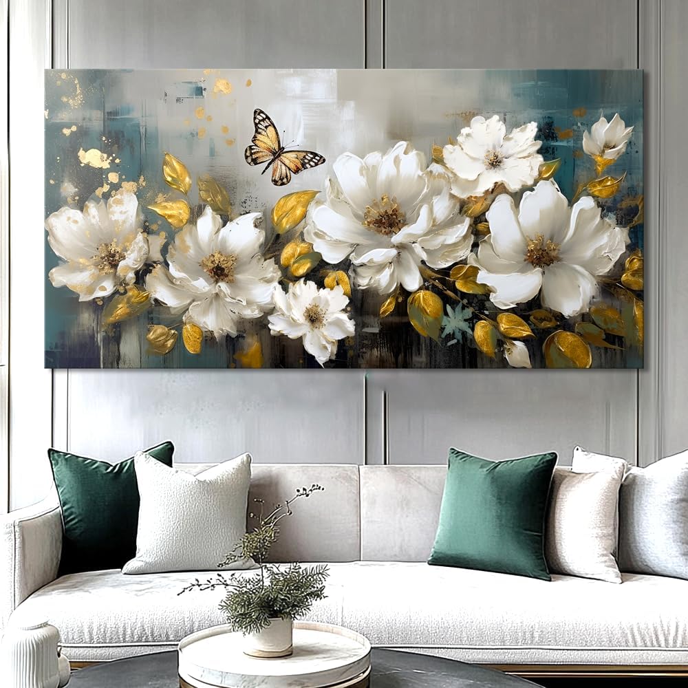 vgrozirh Wall Art Modern Flower Artwork Paintings White Blossom Gold Leaf Butterfly Landscape Picture wall Decor for Living Room Bedroom Kitchen 71'x36'