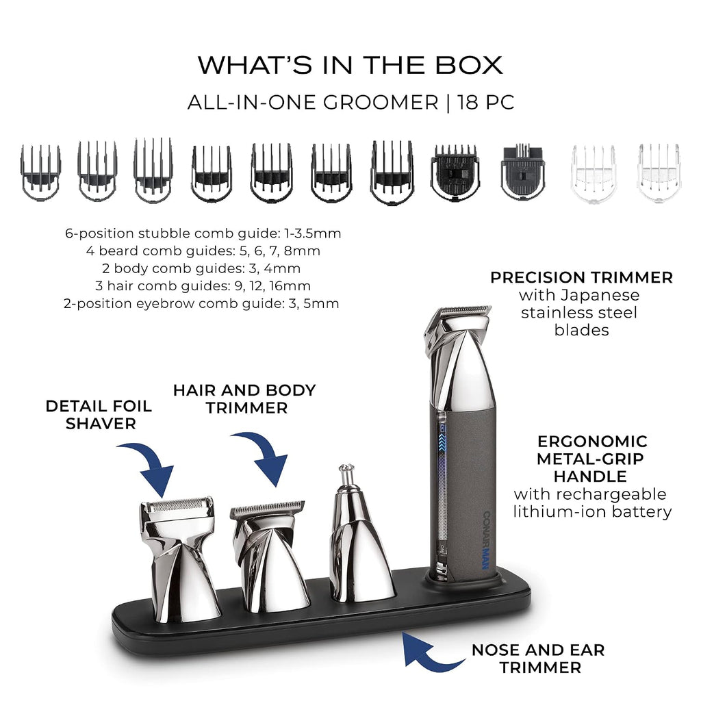 ConairMAN Ultimate Trim Precision All-in-One Beard Trimmer for Men, for Body, Face, Ear and Nose Hair Trimmer, 18 piece Men's Grooming Kit, Cordless/Rechargeable
