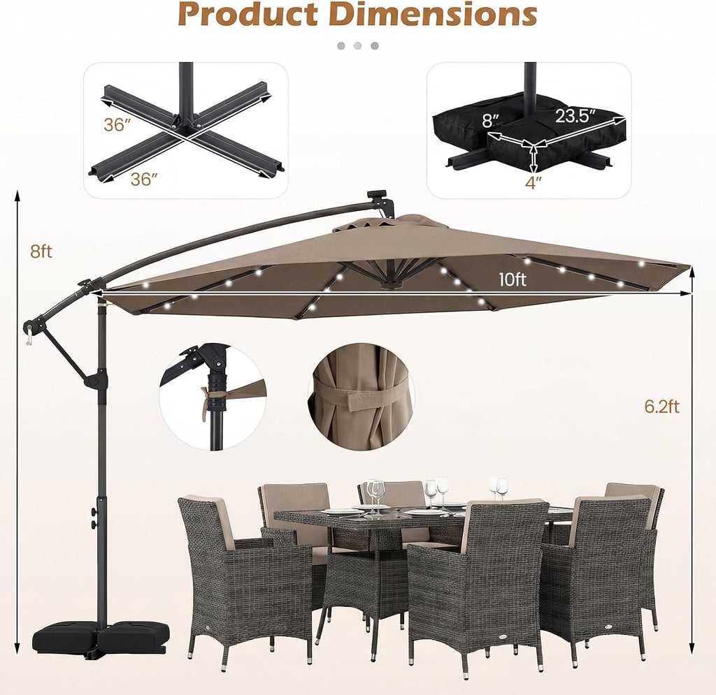 Tangkula 10ft Solar Patio Umbrella with Base Included, Offset Cantilever Outdoor Umbrella with 32 LED Lights, 360 Degree Rotation, Crank Handle for Pool Deck Garden Backyard (Tan)
