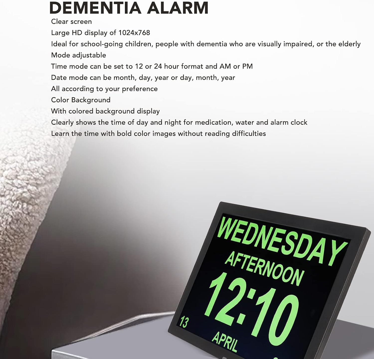 Septpenta Digital Calendar Alarm Clock Day Clock with 15' Large Display, 10 Languages, with Remote Control/Calendar/Alarm/Date/Day for Visually Impaired, Elderly, Dementia(USA)