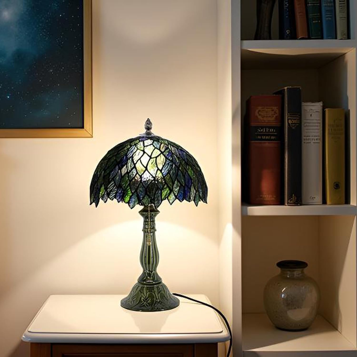 Tiffany Lamp Stained Glass Table Lamps Multicolor Leafage Style Desk Lamp 12X12X18.5 Inch Bronze Ceramic Base Reading Light Suitable for Bedside Bedroom Living Room Dining Room Office
