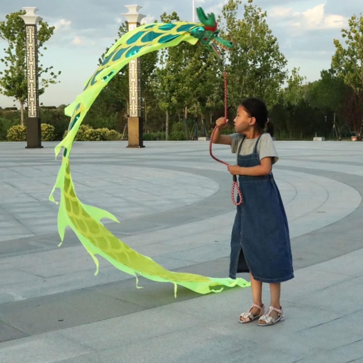 Chinese New Year Decorations Streamer Chinese Dragon Dance Outdoor Flinging Fitness Lion Dance with 3D Real-Like Plastic Dragon Head and Rope Spring Festival Party Supplies(Green)