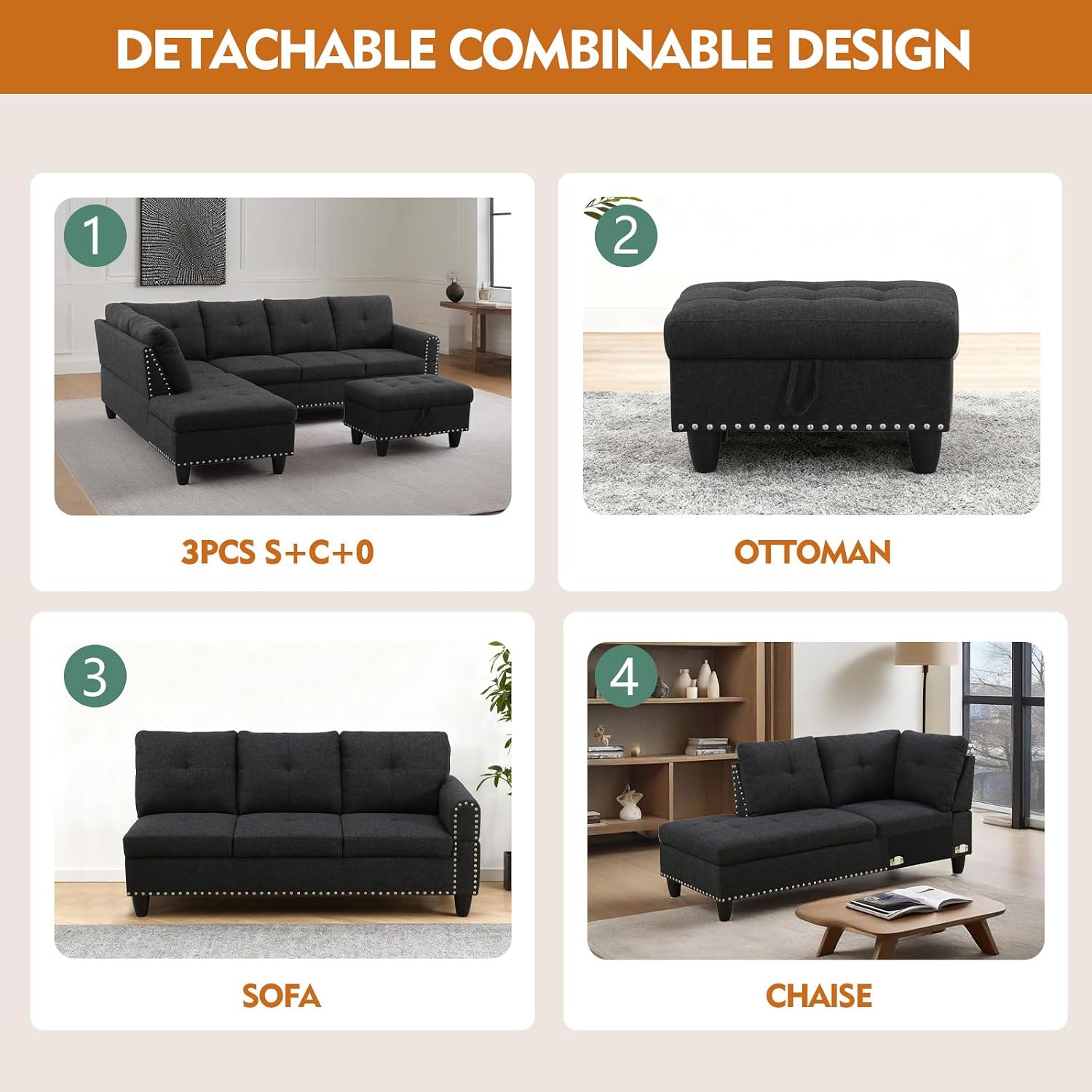 Dark Gray Sectional Sofa Couch with Storage Ottoman and Cup Holder Tray, Linen Fabric L-Shaped Couch with Silver Rivets, Reversible Chaise Lounge Set with Flip-Top Storage (S+C)