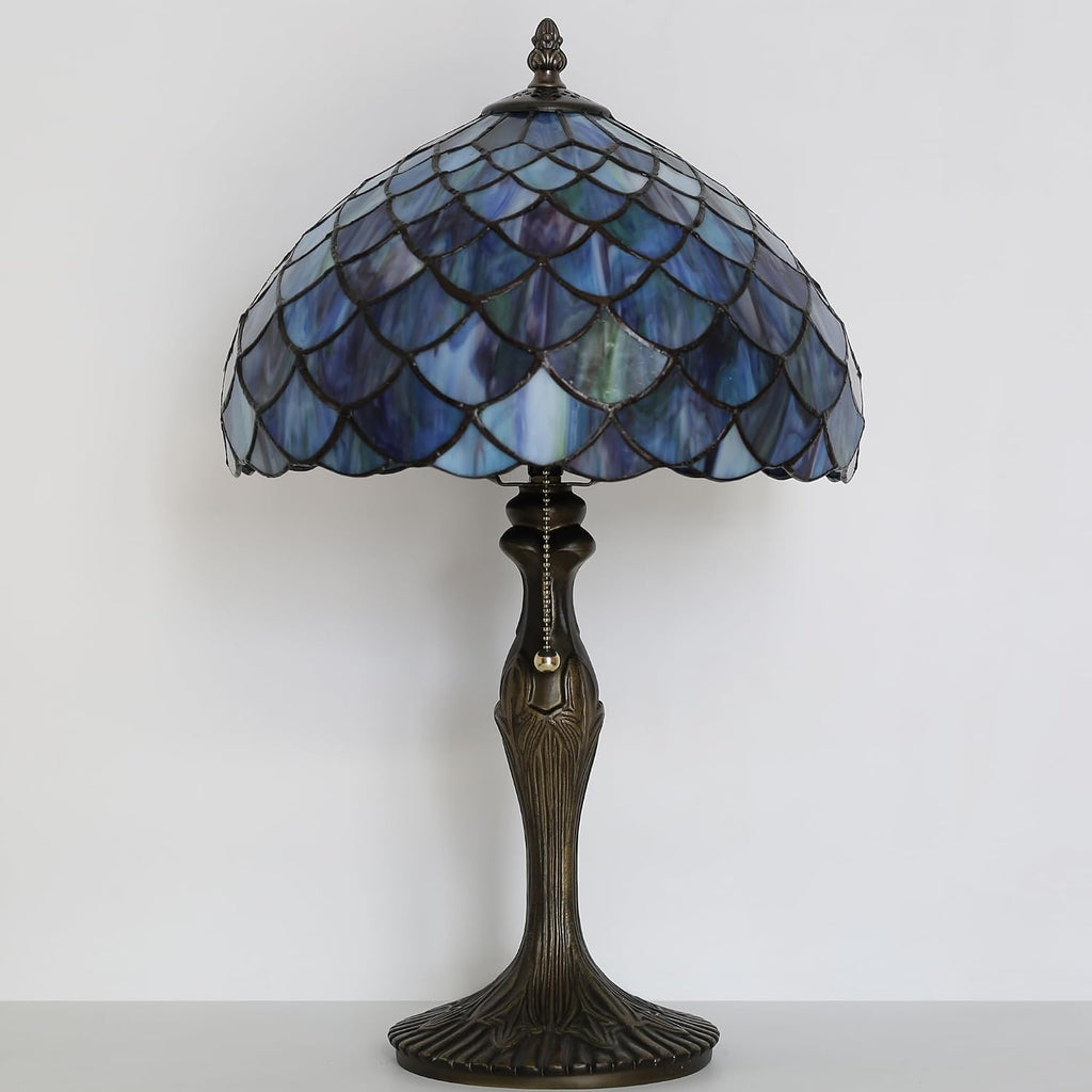 Tiffany Lamp Stained Glass Table Lamp 12' x 19' Blue Fish Scales Style Decorative Lamp Bedside Reading Lamp for Desk Living Room Bedroom Office Study Light Home Decor Gift