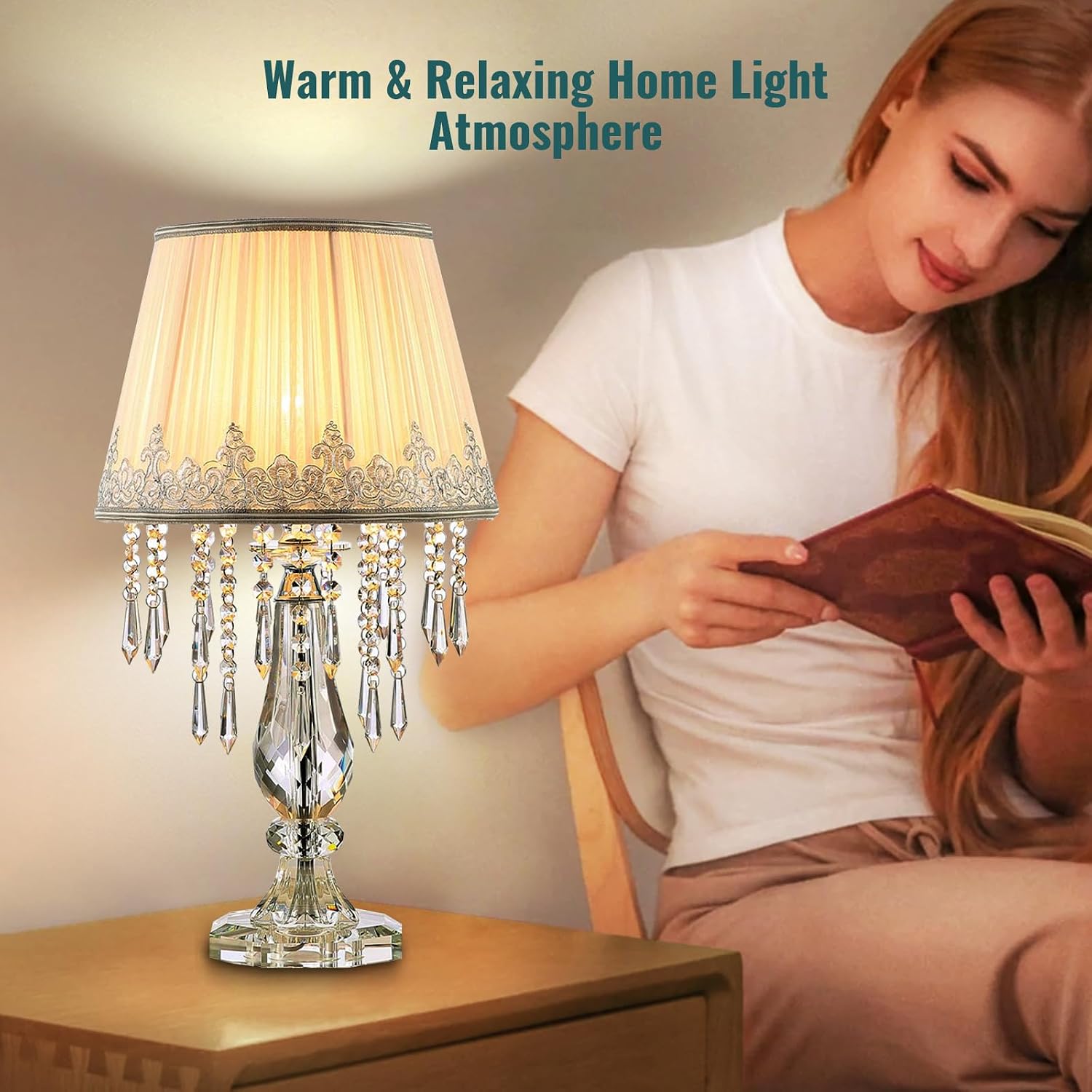 Siljoy Crystal Table Lamp Set of 2, Dimmable Bedside Lamp with Fabric Shades, Farmhouse Nightstand Lamps with K9 Crystal Strands for Living Room Bedroom 22.8 High