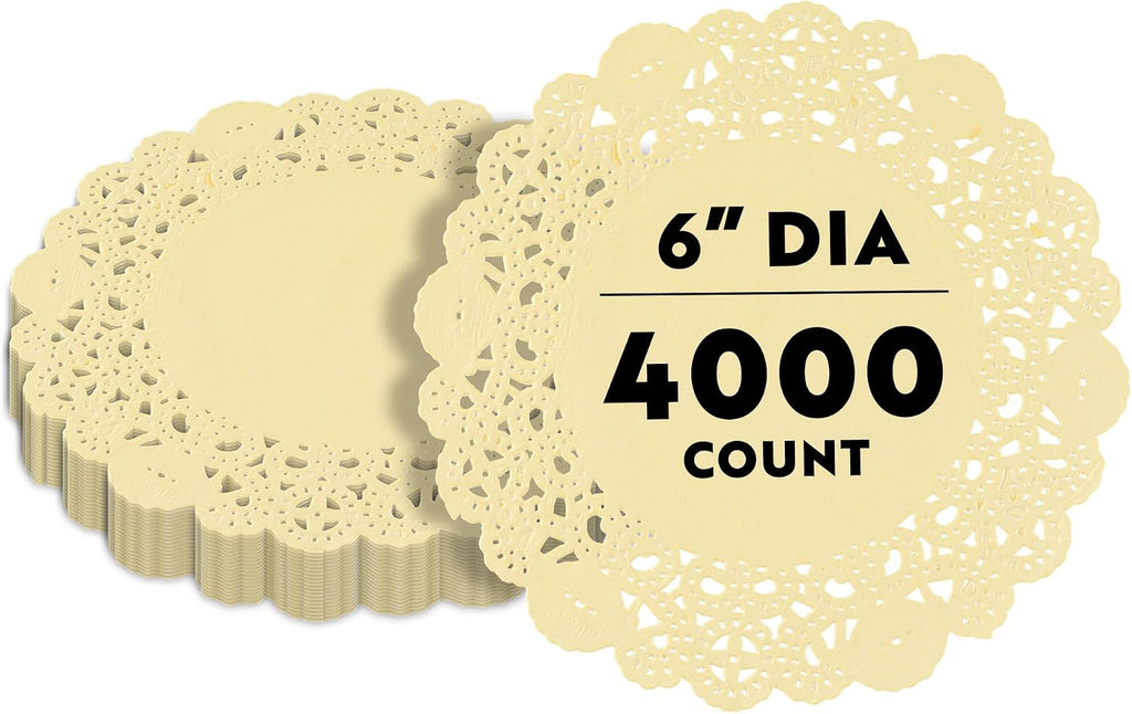 Restaurantware-Pastry Tek 6 x 6 Inch Paper Lace Doilies, 4000 Disposable Table Doilies - Elegant Lace Finish, Long Lasting, Yellow Paper Placemat, for Pastries, Cupcakes, Desserts